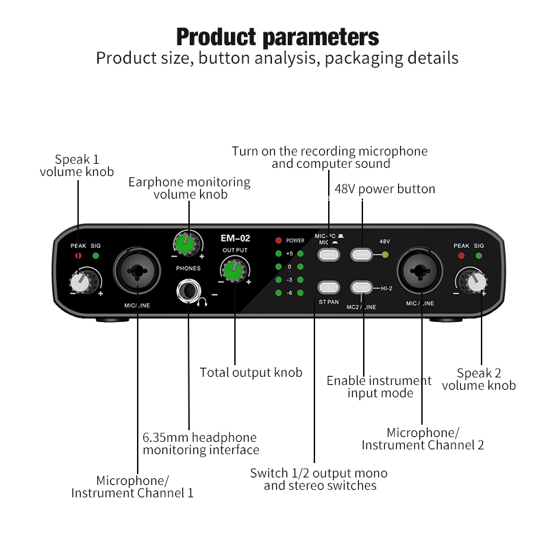 Audio Music Interface - オーディオインターフェイスマイク 48V プリアンプ 32 ビット/384KHz オーディオ解像度エレキギターライブプロフェッショナルスタジオ歌