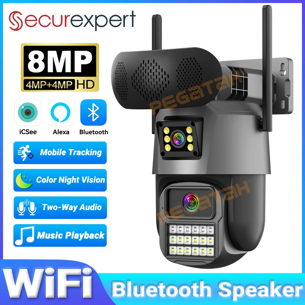 Audiovision Music Player - 8MP 屋外セキュリティカメラ 音楽プレーヤー付き Bluetooth スピーカー デュアルレンズ