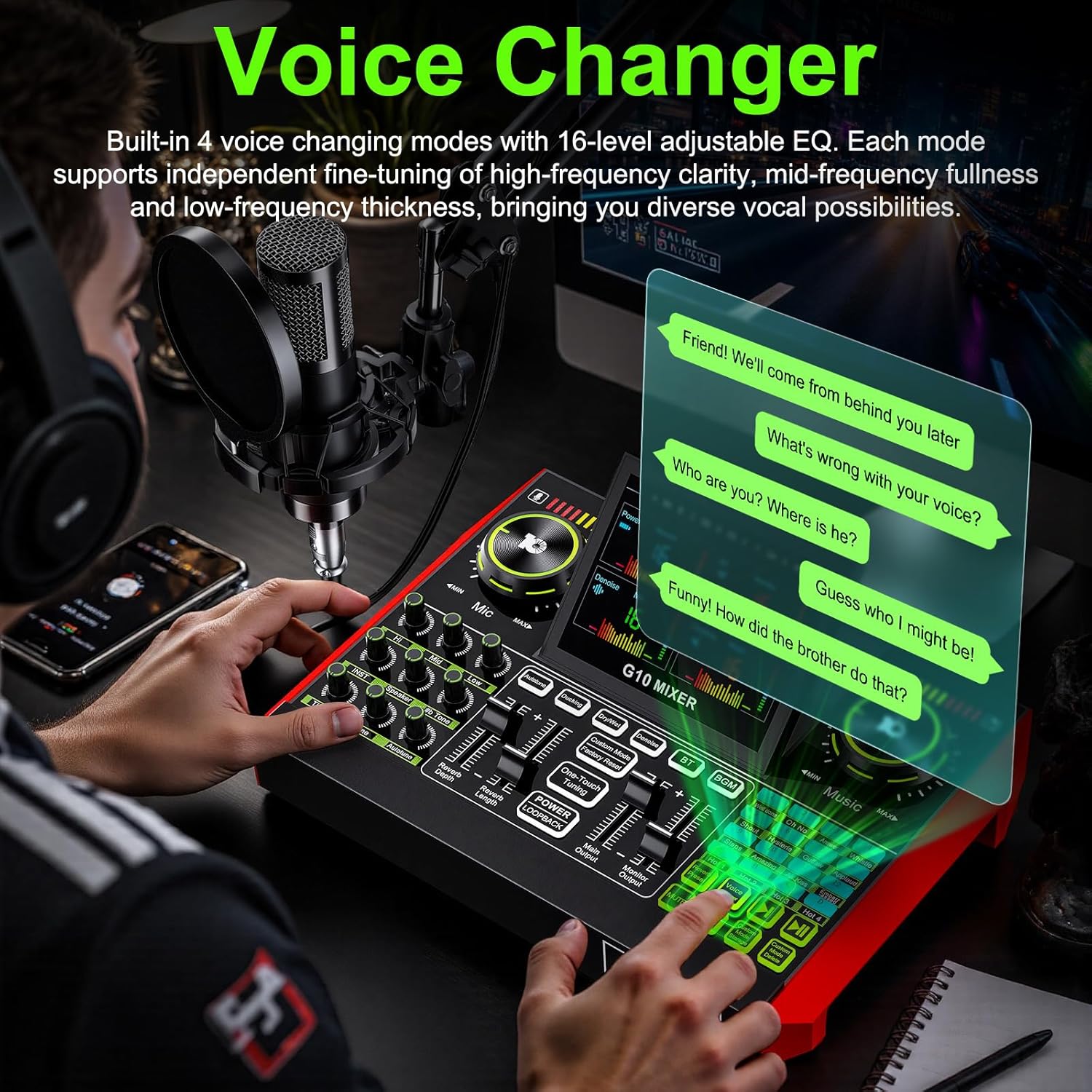 Audio Music Interface - Tenlamp G10 ライブストリーミングオーディオインターフェースゲーミングオーディオミキサー、3.5mmコンデンサーマイク付きポッドキャスト機器、PC/電話用サウンドカード、ポッドキャスト録音、ボイスチェンジャー、ノイズ除去、ファンタム電源、リバーブ、ミュージックパワーコンディショナー、カラオケマシン